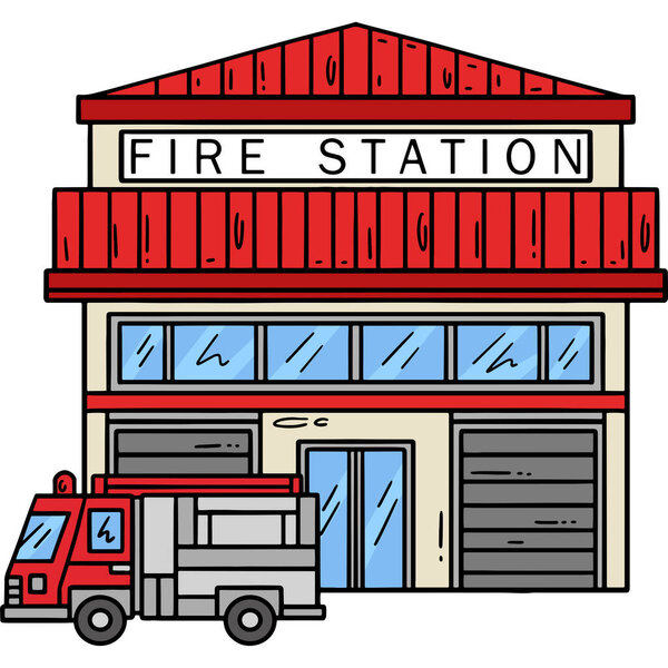 This cartoon clipart shows a Firefighter Station illustration.