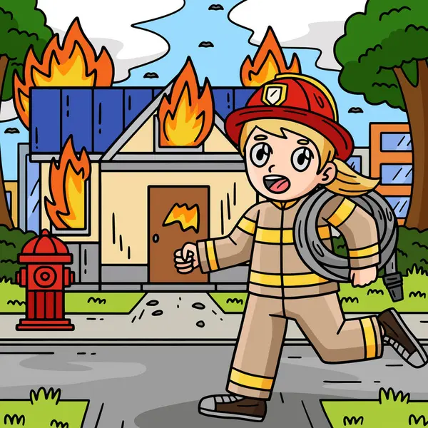 This cartoon clipart shows a Firefighter and a Building on Fire illustration.