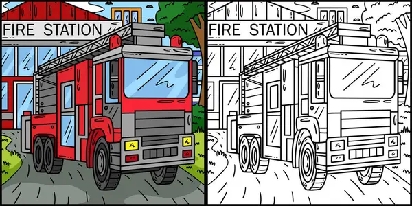 This coloring page shows a Firefighter Truck. One side of this illustration is colored and serves as an inspiration for children.