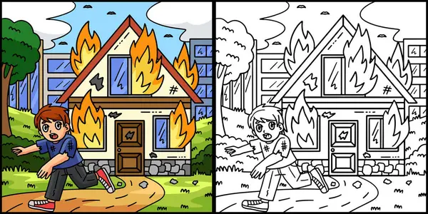 Kolorowanka Pokazuje Cywila Strażaka Burning House Jedna Strona Tej Ilustracji Grafika Wektorowa