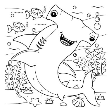 A cute and funny coloring page of a Hammerhead Shark. Provides hours of coloring fun for children. To color, this page is very easy. Suitable for little kids and toddlers.  clipart
