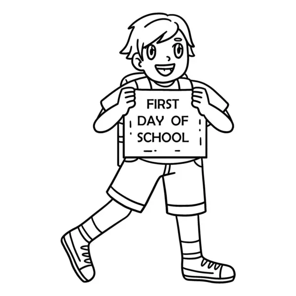 stock vector A cute and funny coloring page of a First Day of School Child with a Sign. Provides hours of coloring fun for children. To color, this page is very easy. Suitable for little kids and toddlers.