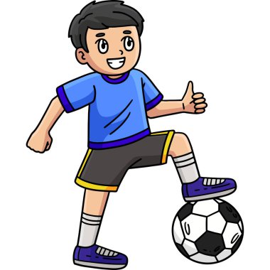 Bu karikatür, futbol topunda ayağı olan bir çocuğu gösteriyor..