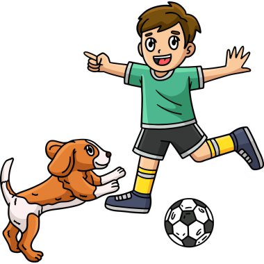 Bu karikatür klipinde bir çocuk ve bir köpek futbol oynuyor..