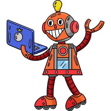 Bu karikatür, dizüstü bilgisayarı olan bir robotu gösteriyor..