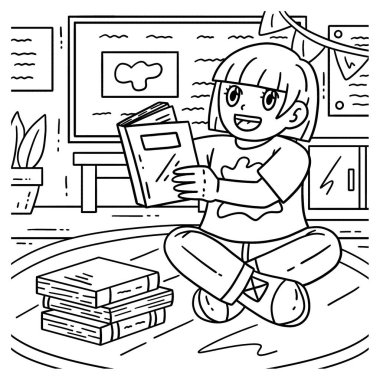 A cute and funny coloring page of a First Day of School Child Reading a Book. Provides hours of coloring fun for children. To color, this page is very easy. Suitable for little kids and toddlers. clipart
