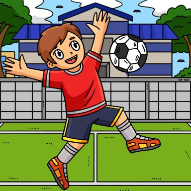 Bu karikatür klipinde, göğsü resimli bir futbol topu sektiren bir çocuk var..