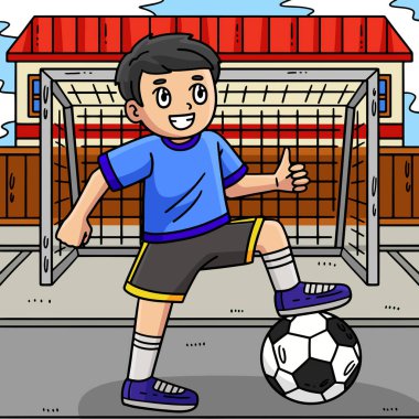 Bu karikatür, futbol topunda ayağı olan bir çocuğu gösteriyor..