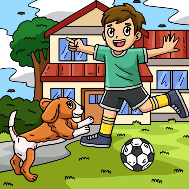 Bu karikatür klipinde bir çocuk ve bir köpek futbol oynuyor..