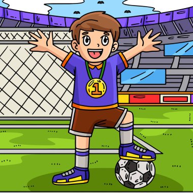 Bu karikatür klibinde madalya takmış bir futbolcu çocuk var..