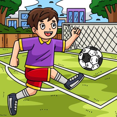 Bu karikatür, futbol topu tekmeleyen bir oğlanı gösteriyor..