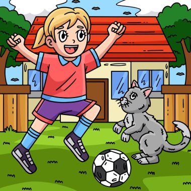 Bu karikatür klibinde bir kız ve kedi futbol oynuyor..