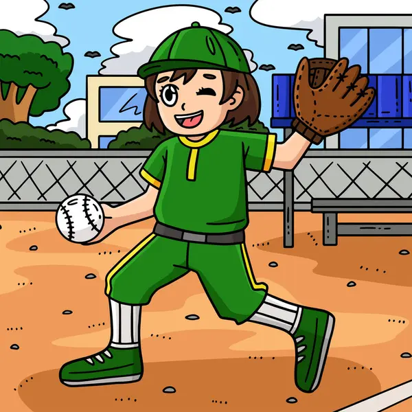 Cartoon Clipart Ini Menunjukkan Ilustrasi Pitcher Gadis Baseball - Stok Vektor