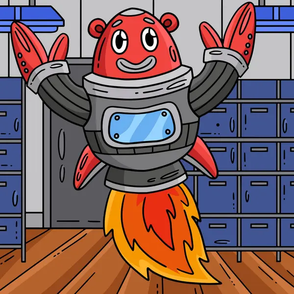 Klip Kartun Ini Menunjukkan Robot Dengan Ilustrasi Rocket Booster - Stok Vektor
