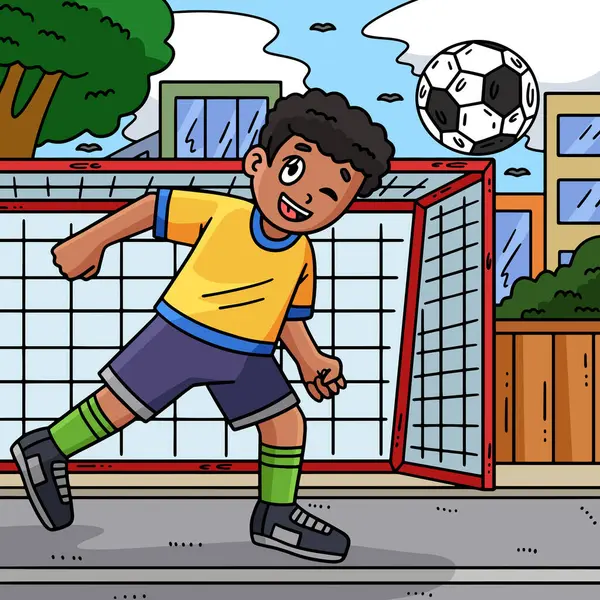Deze Cartoon Clipart Toont Een Jongen Raken Van Een Voetbal — Stockvector