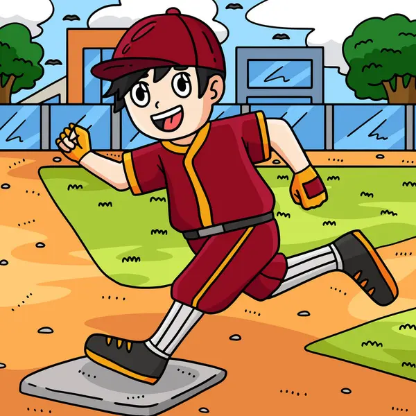 Denne Tegneserien Viser Baseball Boy Reaching Base Illustrasjon – stockvektor