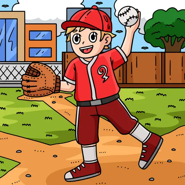 Dette Tegneserie Klippet Viser Baseball Boy Pitching Illustrasjon – stockvektor
