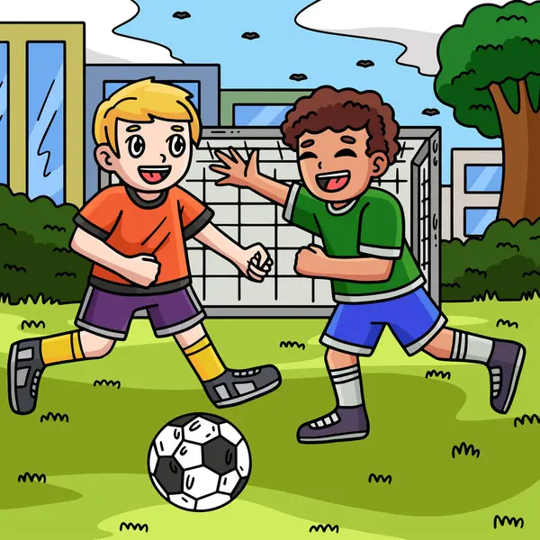 Dette Tegneserie Klippet Viser Kids Playing Soccer Illustrasjon – stockvektor