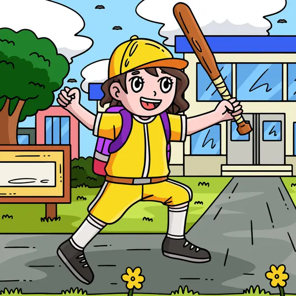 Dette Tegneserie Klippet Viser Jente Med Skolepose Baseball Bat Illustrasjon – stockvektor