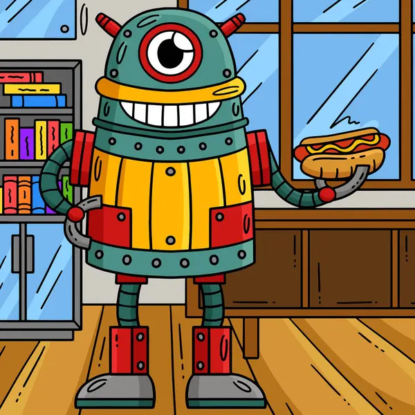 Denne Tegneserien Viser One Eyed Robot Med Hotdog Illustrasjon – stockvektor