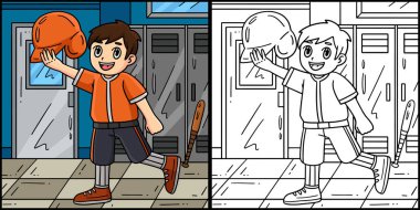 Bu boyama sayfasında Baseball kaskı takan bir çocuk var. Bu illüstrasyonun bir tarafı renkli ve çocuklar için bir ilham kaynağı.. 