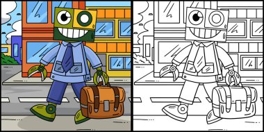 Bu boyama sayfasında Takım Elbiseli ve Çantalı Robot var. Bu illüstrasyonun bir tarafı renkli ve çocuklar için bir ilham kaynağı..