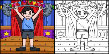 Bu renkli sayfa halterli bir sirk adamını gösteriyor. Bu illüstrasyonun bir tarafı renkli ve çocuklar için bir ilham kaynağı.. 