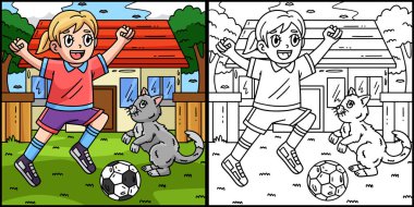 Bu boyama sayfasında bir kız ve bir kedi futbol oynuyor. Bu illüstrasyonun bir tarafı renkli ve çocuklar için bir ilham kaynağı..