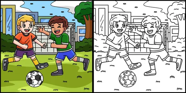 Esta Página Para Colorir Mostra Crianças Jogando Futebol Lado Desta Gráficos Vetores