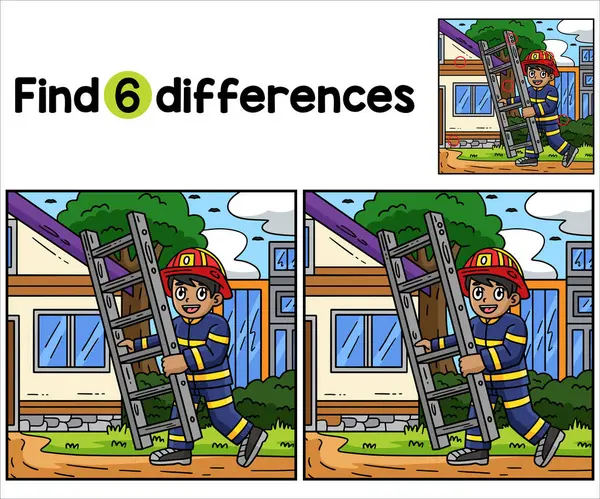 Encontrar Detectar Diferenças Neste Bombeiro Com Uma Escada Crianças Página Ilustração De Bancos De Imagens