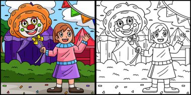 Bu renkli sayfa palyaço balonlu bir sirk çocuğunu gösteriyor. Bu illüstrasyonun bir tarafı renkli ve çocuklar için bir ilham kaynağı.. 