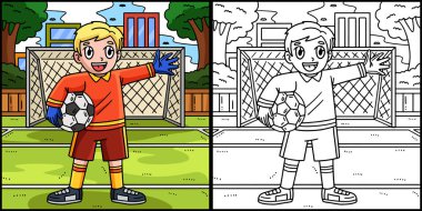 Bu boyama sayfası, futbol topu tutan bir kaleciyi gösteriyor. Bu illüstrasyonun bir tarafı renkli ve çocuklar için bir ilham kaynağı..