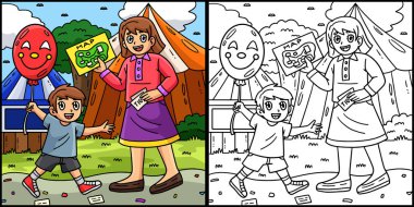Bu boyama sayfası sirkteki bir ebeveyni ve çocuğu gösteriyor. Bu illüstrasyonun bir tarafı renkli ve çocuklar için bir ilham kaynağı.. 