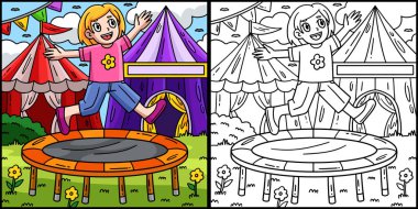 Bu boyama sayfasında Sirk Çocuğu ve Trambolin var. Bu illüstrasyonun bir tarafı renkli ve çocuklar için bir ilham kaynağı.. 