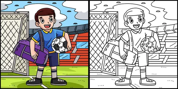Esta Página Para Colorir Mostra Menino Futebol Com Saco Desportivo Ilustração De Bancos De Imagens