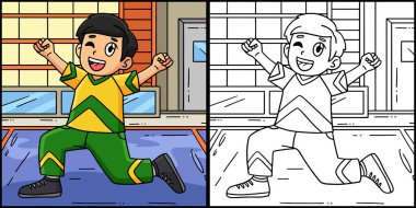 Bu boyama sayfasında amigo kızların dizlerinin üstüne çöktüğü bir çocuk var. Bu illüstrasyonun bir tarafı renkli ve çocuklar için bir ilham kaynağı..