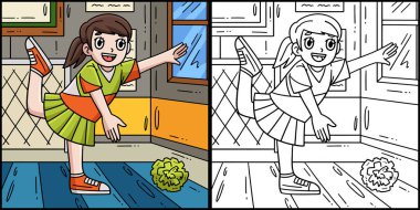 Bu renkli sayfa amigo kızların esneme hareketlerini gösteriyor. Bu illüstrasyonun bir tarafı renkli ve çocuklar için bir ilham kaynağı..