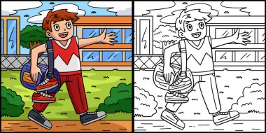 Bu boyama sayfasında spor çantalı bir amigo çocuk var. Bu illüstrasyonun bir tarafı renkli ve çocuklar için bir ilham kaynağı..