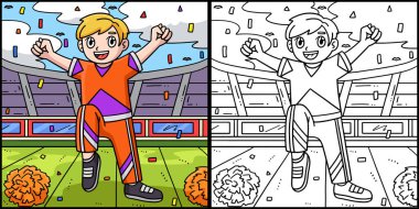 Bu boyama sayfasında ponpon kız çocuk bacak kaldırıyor ve ellerini kaldırıyor. Bu illüstrasyonun bir tarafı renkli ve çocuklar için bir ilham kaynağı..