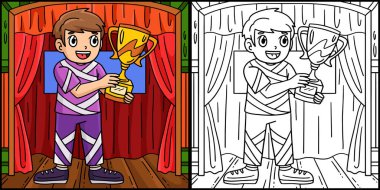 Bu boyama sayfasında ponpon kız ödüllü bir çocuk var. Bu illüstrasyonun bir tarafı renkli ve çocuklar için bir ilham kaynağı..