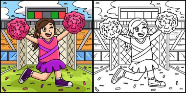 Bu boyama sayfasında ponpon kızların önünde diz çöken ponpon kızları gösteriyor. Bu illüstrasyonun bir tarafı renkli ve çocuklar için bir ilham kaynağı..