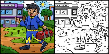 Bu boyama sayfasında amigo kızların yürüdüğü bir çocuk var. Bu illüstrasyonun bir tarafı renkli ve çocuklar için bir ilham kaynağı..