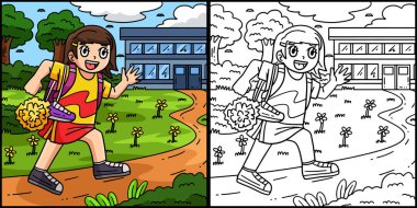 Bu boyama sayfasında amigo kızların yürüyüşü var. Bu illüstrasyonun bir tarafı renkli ve çocuklar için bir ilham kaynağı..