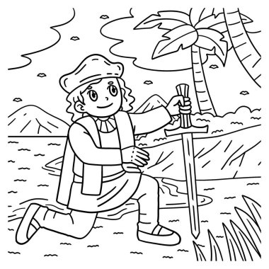 Kolomb Day Man 'in kıyıda diz çöken sevimli ve komik renkli sayfası. Çocuklar için saatlerce boyama eğlencesi sağlıyor. Renk, bu sayfa çok kolay. Küçük çocuklar ve yeni yürümeye başlayanlar için uygun..