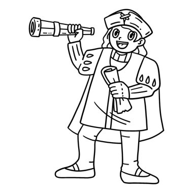 A cute and funny coloring page of a Columbus Day Man with a Scroll Telescope. Provides hours of coloring fun for children. To color, this page is very easy. Suitable for little kids and toddlers. clipart