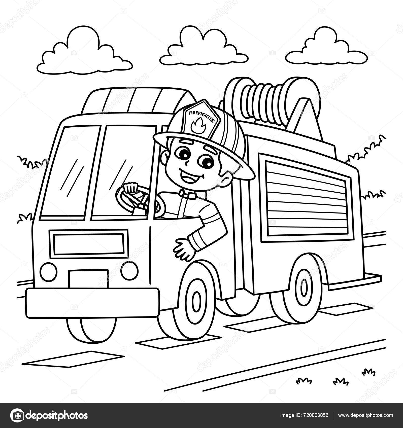 Uma Página Colorir Bonito Engraçado Bombeiro Dirigindo Caminhão Bombeiros  Fornece Vetor de stock de ©abbydesign 720003856, image size:1600x1700