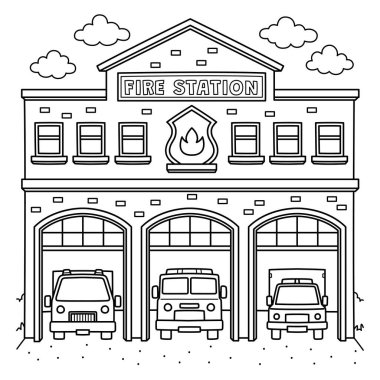 İtfaiye istasyonunun sevimli ve komik renkli sayfası. Çocuklar için saatlerce boyama eğlencesi sağlıyor. Renklendirmek için, bu sayfa çok kolaydır. Küçük çocuklar ve yeni yürümeye başlayanlar için uygun..