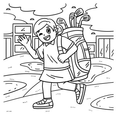 Çanta taşıyan bir kadın golfçünün sevimli ve komik renkli sayfası. Çocuklar için saatlerce boyama eğlencesi sağlıyor. Renklendirmek için, bu sayfa çok kolaydır. Küçük çocuklar ve yeni yürümeye başlayanlar için uygun..