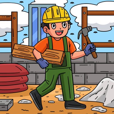 Bu karikatür, ahşap ve çekiç resimli bir inşaat işçisini gösteriyor..