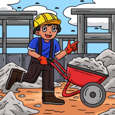 Bu karikatür parçası bir inşaat işçisi ve bir el arabası illüstrasyonunu gösteriyor..